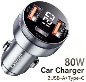 Ładowarka samochodowa ESSAGER 80W, wyświetlacz, 2 x USB A, 1 x USB C 3