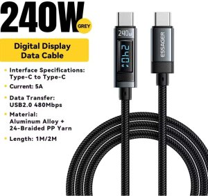 Kabel Essager USB-C do USB-C 240W 2m, 480Mb/s, Wyświetlacz LED 2