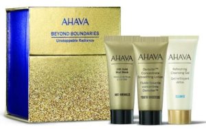 Unstoppable Radiance Set Ahava: Osmoter Concetrate, Smoothing, Lotion, For Face, 15 ml + Refresing, Eliminates Impurities, Cleansing Gel, For Face, 15 ml + 24K Gold Mineral, Anti-Wrinkle, Mud Mask, For Face, 15 ml + Ahava, GWP Textile Pouch For Women 2
