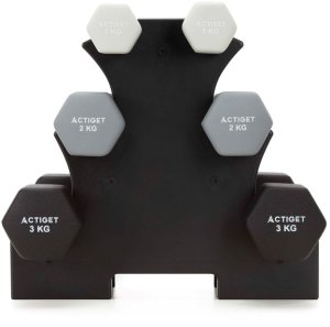 Hantle na stojaku zestaw 6 szt. obciążenia 1 kg, 2 kg, 3 kg do fitnessu, treningu domowego UNIWERSALNY 6