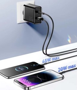 Ładowarka sieciowa szybka ESSAGER 65W GaN, USB-C, USB-A - PD3.0/QC4.0 2