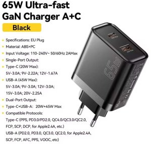 Ładowarka sieciowa szybka ESSAGER 65W GaN, USB-C, USB-A - PD3.0/QC4.0 3