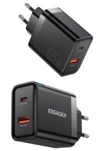 Ładowarka sieciowa szybka ESSAGER 65W GaN, USB-C, USB-A - PD3.0/QC4.0 4