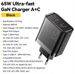 Ładowarka sieciowa szybka ESSAGER 65W GaN, USB-C, USB-A - PD3.0/QC4.0 7
