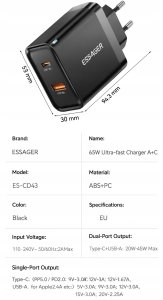 Ładowarka sieciowa szybka ESSAGER 65W GaN, USB-C, USB-A - PD3.0/QC4.0 10