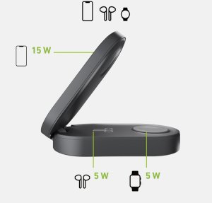 Stacja ładująca 3w1 bezprzewodowa składana do iPhone Apple Watch AirPods QI2 MFI - czarna Stacja ładująca 3w1 bezprzewodowa składana do iPhone Apple Watch AirPods QI2 MFI - czarna 3