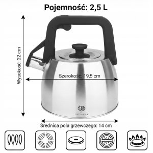KARL HAUSMANN - Czajnik - na GAZ - INDUKCJA - tradycyjny z gwizdkiem - HUGO - srebrny - 2,5 L 6