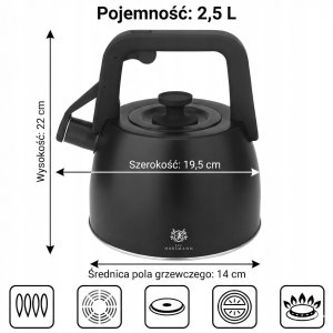KARL HAUSMANN - Czajnik - na GAZ - INDUKCJA - tradycyjny z gwizdkiem - HUGO - czarny - 2,5 L 6