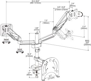 Triadyn Uchwyt Biurkowy TriMount na Dwa Monitory i Laptopa Ergonomiczny Regulowany Obrotowy TRD-BLK-3AL-13"-32" 7