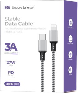 Kabel USB ForCell kabel Encore Energy USB-C Lightning 3A przewód QC PD 27W do ładowania i transferu danych 300 cm braided czarno-biały EE118-CL 4