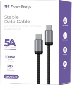 kabel Encore Energy USB-C x2 5A przewód QC PD 100W do ładowania i transferu danych 100 cm braided czarny EE121-CC-1M 4