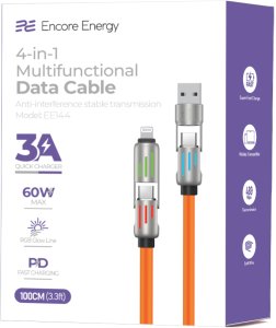 ForCell kabel Encore Energy 4w1 z podświetlanymi wtyczkami USB-C USB-A Lightning 3A przewód QC PD 60W do ładowania i transferu danych 100 cm pomarańczowy EE144 5