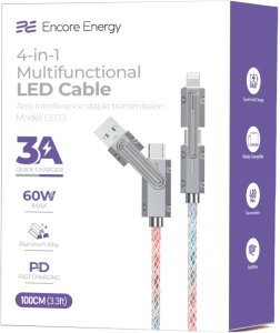 ForCell podświetlany kabel Encore Energy 4w1 USB-C USB-A Lightning przewód QC PD 3A 60W do ładowania i transferu danych 100 cm EE133 5