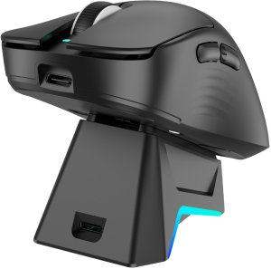 Mysz Triadyn Bezprzewodowa Mysz Gamingowa Play IO PixArt 3311 Stacja Dokująca 12800 DPI Dla Graczy Podświetlenie LED HUANO Czarna 3