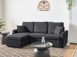 Narożnik rozkładany dla 3 osób NASSJO Len syntetyczny Czarny Prawostronny 2