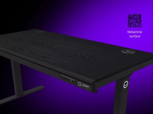 Dual-motor sit/stand adjustable-height gaming desk with wireless charger, RGB lighting, control panel, and USB ports, PB melamine surface tabletop, black. 3
