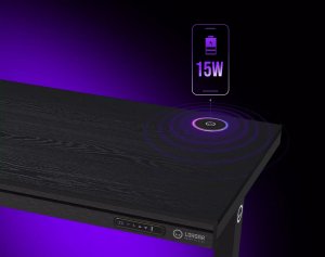 Dual-motor sit/stand adjustable-height gaming desk with wireless charger, RGB lighting, control panel, and USB ports, PB melamine surface tabletop, black. 4