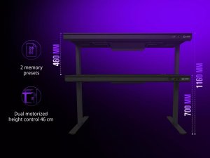 Dual-motor sit/stand adjustable-height gaming desk with built-in PC case, wireless charger, RGB lighting, control panel, and USB ports, tempered glass tabletop, black. 2