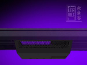 Dual-motor sit/stand adjustable-height gaming desk with built-in PC case, wireless charger, RGB lighting, control panel, and USB ports, tempered glass tabletop, black. 4