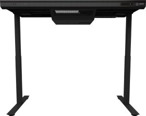 Dual-motor sit/stand adjustable-height gaming desk with built-in PC case, wireless charger, RGB lighting, control panel, and USB ports, tempered glass tabletop, black. 5