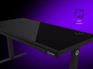 Dual-motor sit/stand adjustable-height gaming desk with wireless charger, RGB lighting, control panel, and USB ports, solid tempered glass tabletop, black. 3
