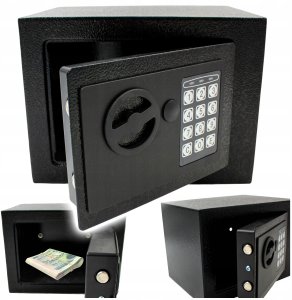 MAŁY SEJF NA PIENIĄDZE DOKUMENTY SZYFROWY PIN KLUCZ DOMOWY BIUROWY 4L 7