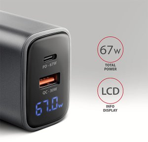AXAGON ACU-PQ67D, ładowarka sieciowa GaN 67 W, wyjście USB-A + USB-C, PD3.0/PPS/QC4+/SFC2.0/Apple, wyświetlacz LCD 2