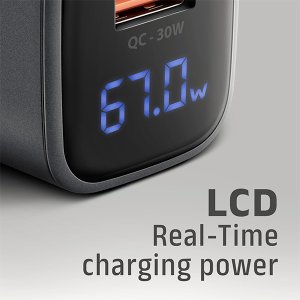 AXAGON ACU-PQ67D, ładowarka sieciowa GaN 67 W, wyjście USB-A + USB-C, PD3.0/PPS/QC4+/SFC2.0/Apple, wyświetlacz LCD 3