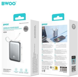 BWOO P78 powerbank 20000mAh szybkie ładowanie PD45W z 2 kablami USB-C i Lightning srebrny 3