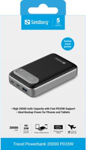 Sandberg Travel Powerbank 20000 PD35W, 20000 mAh, Lithium Polymer (LiPo), 3.7 V, Black, Silver 2
