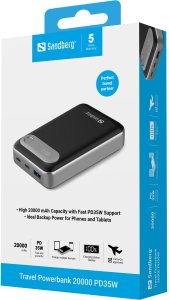 Sandberg Travel Powerbank 20000 PD35W, 20000 mAh, Lithium Polymer (LiPo), 3.7 V, Black, Silver 4