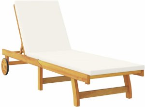 vidaXL vidaXL Leżak z poduszką Kremowa biel Lite Drewno Akacji 4