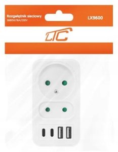 LTC Rozgałęźnik sieciowy: 1 gniazdo okrągłe z uz.+ 1 gniazdo płaskie + 2x USB + 2x USB-C, 3,1A, biały 2