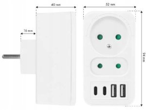 LTC Rozgałęźnik sieciowy: 1 gniazdo okrągłe z uz.+ 1 gniazdo płaskie + 2x USB + 2x USB-C, 3,1A, biały 3