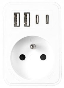 LTC Rozgałęźnik sieciowy: 1 gniazdo okrągłe z uz. + 2x USB + 2x USB-C, Biały 2x2,4A 2