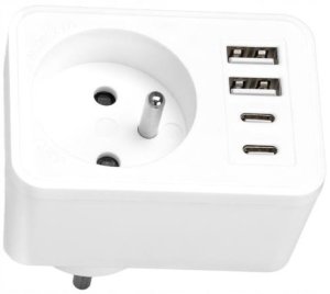 LTC Rozgałęźnik sieciowy: 1 gniazdo okrągłe z uz. + 2x USB + 2x USB-C, Biały 2x2,4A 4