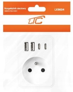 LTC Rozgałęźnik sieciowy: 1 gniazdo okrągłe z uz. + 2x USB + 2x USB-C, Biały 2x2,4A 6