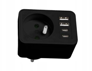 LTC Rozgałęźnik sieciowy: 1 gniazdo okrągłe z uz. + 2x USB + 2x USB-C, Czarny 2x2,4A 2