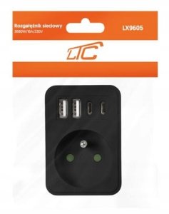 LTC Rozgałęźnik sieciowy: 1 gniazdo okrągłe z uz. + 2x USB + 2x USB-C, Czarny 2x2,4A 5