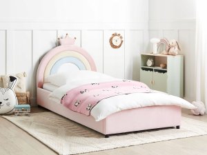 Beliani Łóżko dziecięce z pojemnikiem Korona Welur GRISETOT 90 x 200 cm ze schowkiem Różowy 2