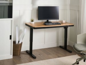 Biurko Beliani Biurko regulowane elektrycznie PENLY Czarny/ jasny brąz 120 cm 60 cm Z portem USB 2