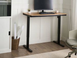 Biurko Beliani Biurko regulowane elektrycznie PENLY Czarny/ jasny brąz 120 cm 60 cm Z portem USB 5