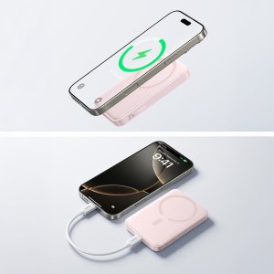 Powerbank Baseus Indukcyjny 10000mAh 22.5W MagSafe z kablem USB-C 20V/3A 0.3m - różowy Powerbank indukcyjny 10000mAh 22.5W EnerFill FM11 Ultra-Mini MagSafe z kablem USB-C - różowy (6932172691622) 6
