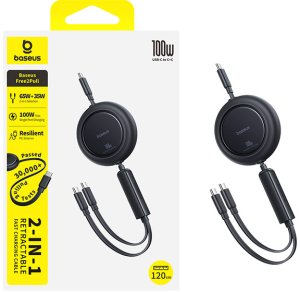 Baseus Kabel przewód zwijany 2w1 USB-C 100W 1.2m - czarny Kabel przewód zwijany 2w1 USB-C 100W 1.2m - czarny 3