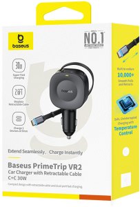 Ładowarka Baseus Ładowarka samochodowa USB-C ze zwijanym kablem USB-C 30W - czarna Ładowarka samochodowa USB-C ze zwijanym kablem USB-C 30W - czarna 7