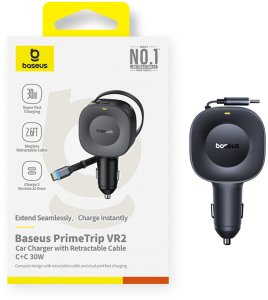 Ładowarka Baseus Ładowarka samochodowa USB-C ze zwijanym kablem USB-C 30W - czarna Ładowarka samochodowa USB-C ze zwijanym kablem USB-C 30W - czarna 8