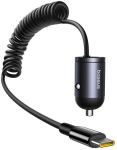 Ładowarka Baseus Ładowarka samochodowa USB-C z wbudowanym spiralnym kablem USB-C 30W - czarna Ładowarka samochodowa USB-C z wbudowanym spiralnym kablem USB-C 30W - czarna 2