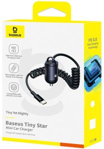Ładowarka Baseus Ładowarka samochodowa USB-C z wbudowanym spiralnym kablem USB-C 30W - czarna Ładowarka samochodowa USB-C z wbudowanym spiralnym kablem USB-C 30W - czarna 10