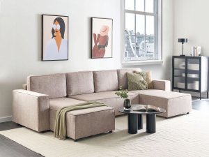 Beliani Sofa rozkładana w kształcie U dla 4 osób Jasnobrązowy ze schowkiem 2