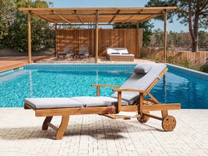 Beliani Leżak ogrodowy z poduszką JAVA PREMIUM Drewno akacjowe Szary melanż 2